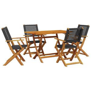 vidaXL 5 r&eacute;szes fekete polyrattan &eacute;s t&ouml;m&ouml;r fa kerti &eacute;tkezőgarnit&uacute;ra