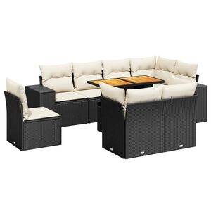 vidaXL 9 r&eacute;szes fekete polyrattan kerti &uuml;lőgarnit&uacute;ra p&aacute;rn&aacute;kkal