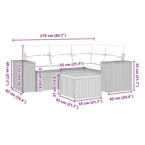 vidaXL 5 r&eacute;szes fekete polyrattan kerti kanap&eacute;szett p&aacute;rn&aacute;kkal