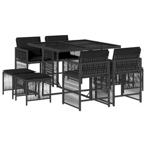 vidaXL 9 r&eacute;szes fekete polyrattan kerti &eacute;tkezőgarnit&uacute;ra p&aacute;rn&aacute;kkal
