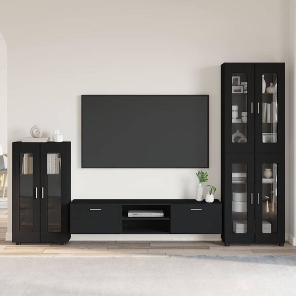 vidaXL TV szekr&eacute;ny garnit&uacute;ra fi&oacute;kkal polcokkal FLORIN Fekete Faanyag