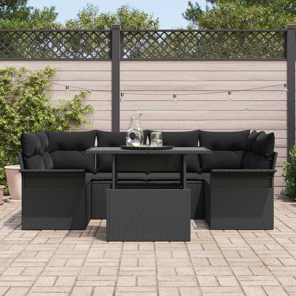 vidaXL Kerti Kanapé Szett párnával tárolóval 7 pcs Fekete Poly Rattan