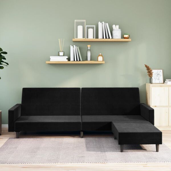 vidaXL k&eacute;tszem&eacute;lyes fekete b&aacute;rsony kanap&eacute;&aacute;gy l&aacute;btart&oacute;val