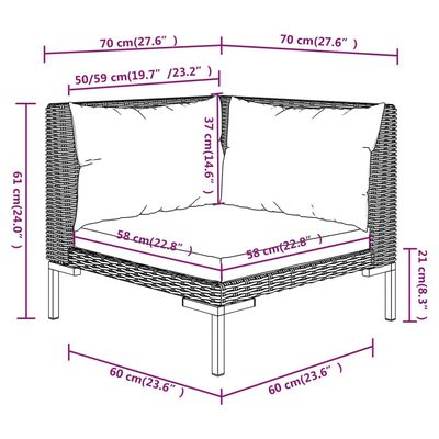 vidaXL 2 db félkör alakú polirattan kerti kanapé párnákkal
