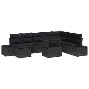 vidaXL Kerti Kanap&eacute; Szett p&aacute;rn&aacute;val t&aacute;rol&oacute;val 9 pcs Fekete polirattan