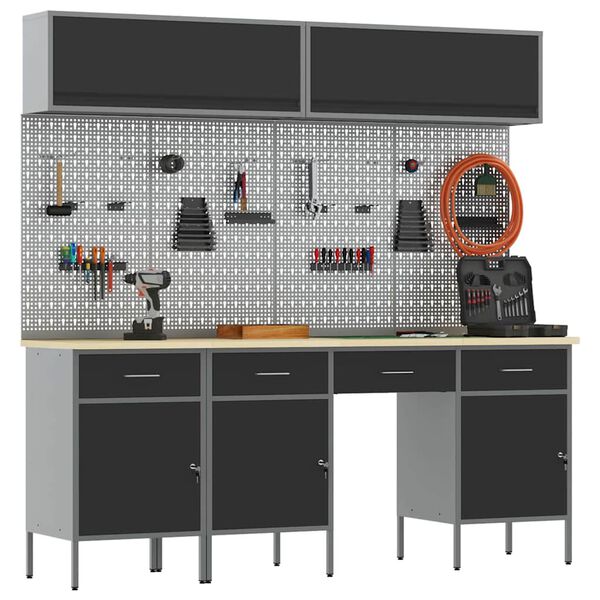 vidaXL Munkaszekr&eacute;ny K&eacute;szlet 10 pcs Fekete Porsz&oacute;rt Ac&eacute;l &eacute;s M&eacute;rn&ouml;ki Fa