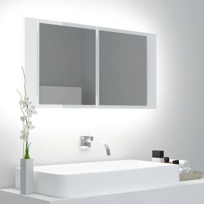 vidaXL magasfényű fehér LED-es fürdőszobai tükrös szekrény 90x12x45 cm