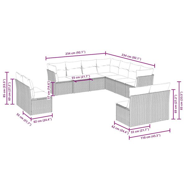 vidaXL 11 részes világosszürke polyrattan kerti ülőgarnitúra párnákkal