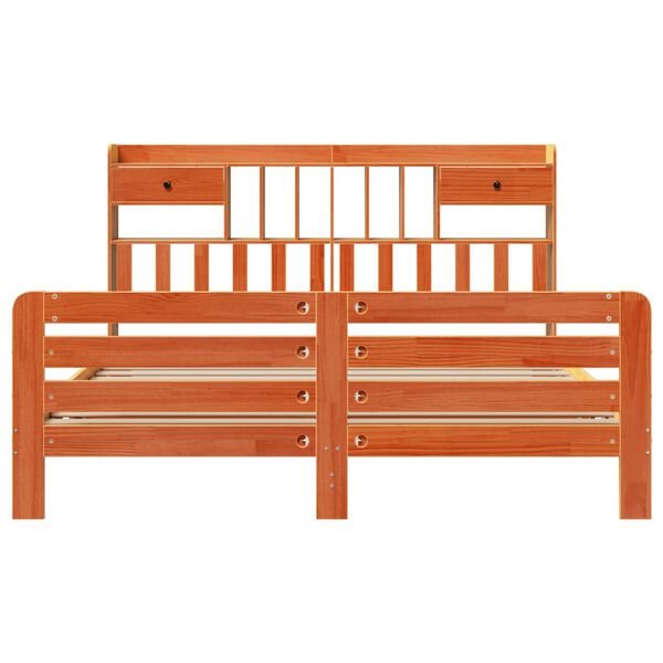 vidaXL barna t&ouml;m&ouml;r fenyőfa k&ouml;nyvespolcos &aacute;gy matrac n&eacute;lk&uuml;l 200 x 200cm