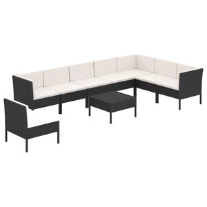 vidaXL 9 r&eacute;szes fekete polyrattan kerti &uuml;lőgarnit&uacute;ra p&aacute;rn&aacute;kkal