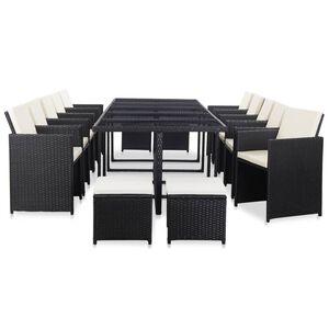 vidaXL 15 r&eacute;szes fekete polyrattan k&uuml;lt&eacute;ri &eacute;tkezőszett p&aacute;rn&aacute;kkal