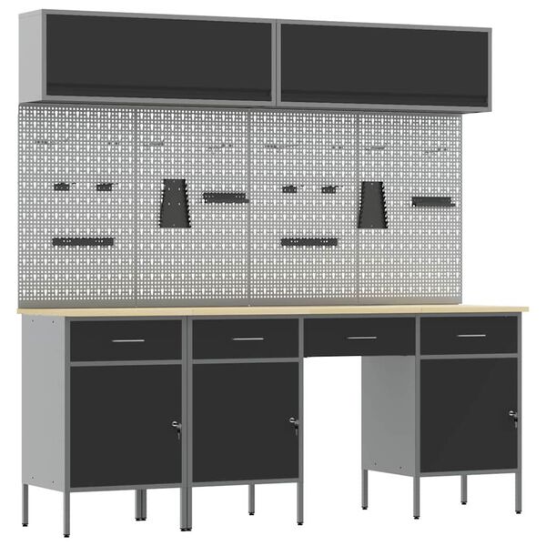 vidaXL Munkaszekr&eacute;ny K&eacute;szlet 10 pcs Fekete Porsz&oacute;rt Ac&eacute;l &eacute;s M&eacute;rn&ouml;ki Fa