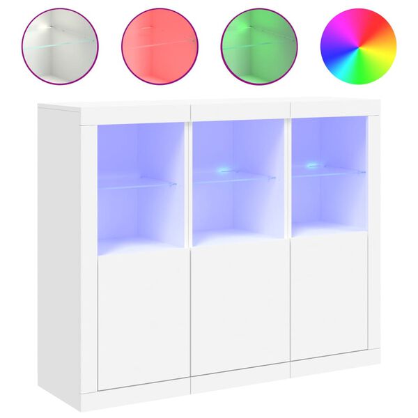 vidaXL 3 db fehér szerelt fa tálalószekrény LED-ekkel