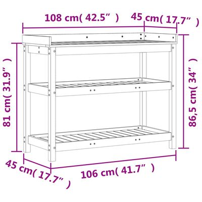 vidaXL tömör duglászfenyő ültetőasztal polcokkal 108 x 45 x 86,5 cm
