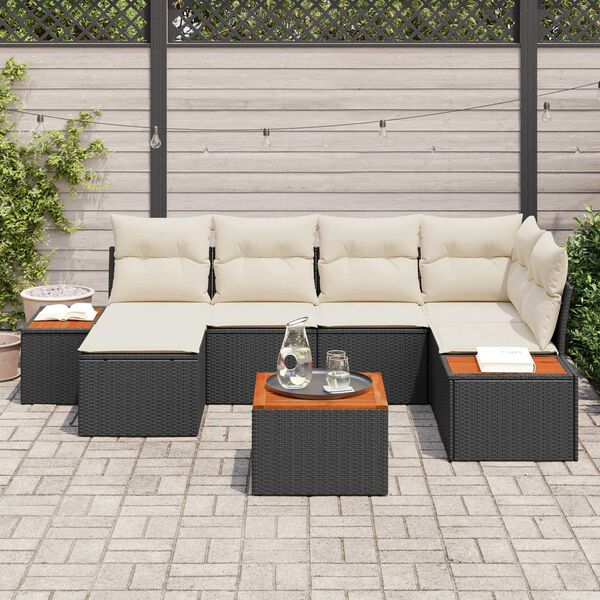 vidaXL Kerti Kanap&eacute; Szett p&aacute;rn&aacute;val 7 pcs Fekete &eacute;s Kr&eacute;m Polyrattan