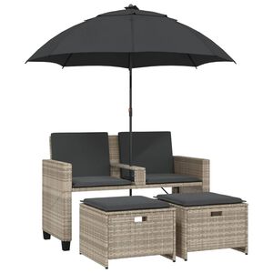 vidaXL 2 szem&eacute;lyes polyrattan kerti kanap&eacute; napernyővel/sz&eacute;kkel