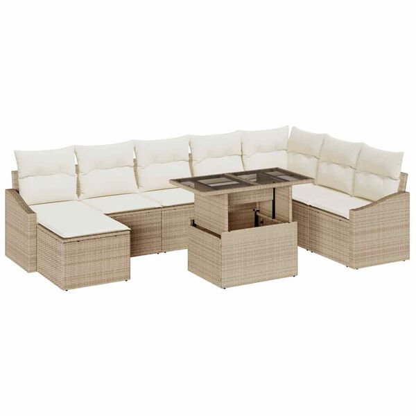 vidaXL Kanap&eacute; Szett p&aacute;rn&aacute;val t&aacute;rol&oacute;val 9 pcs Beige &eacute;s kr&eacute;m polirattan