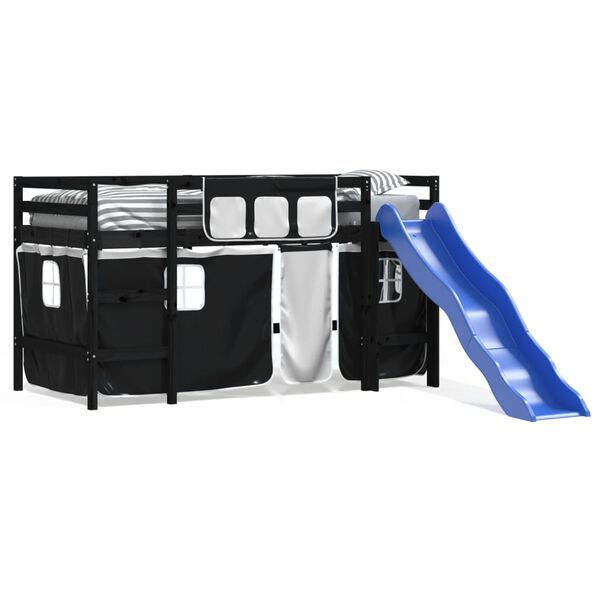 vidaXL fehér-fekete tömör fenyő gyerek galériaágy függönnyel 80x200 cm