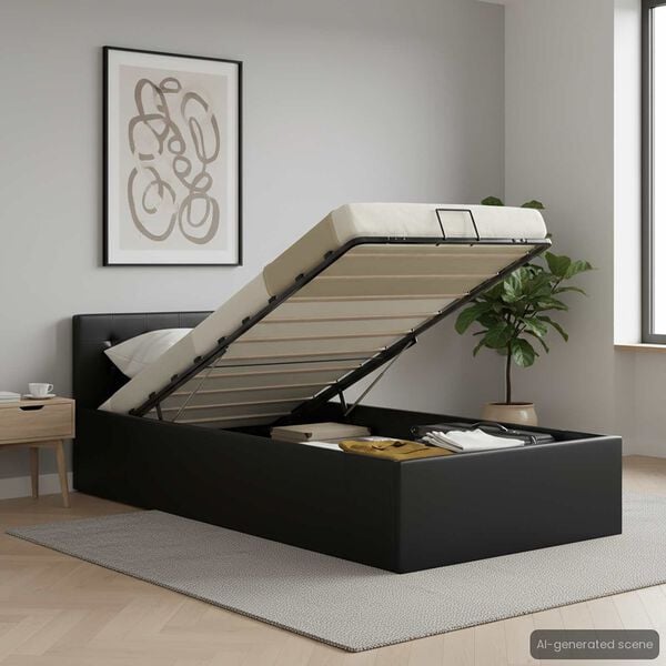 vidaXL fekete műbőr ágykeret hidraulikus ágyneműtartóval 90 x 200 cm