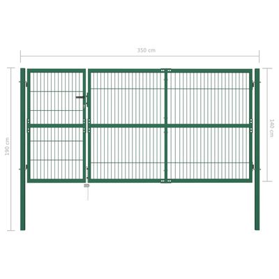 vidaXL zöld acél kerti kerítéskapu póznákkal 350 x 140 cm
