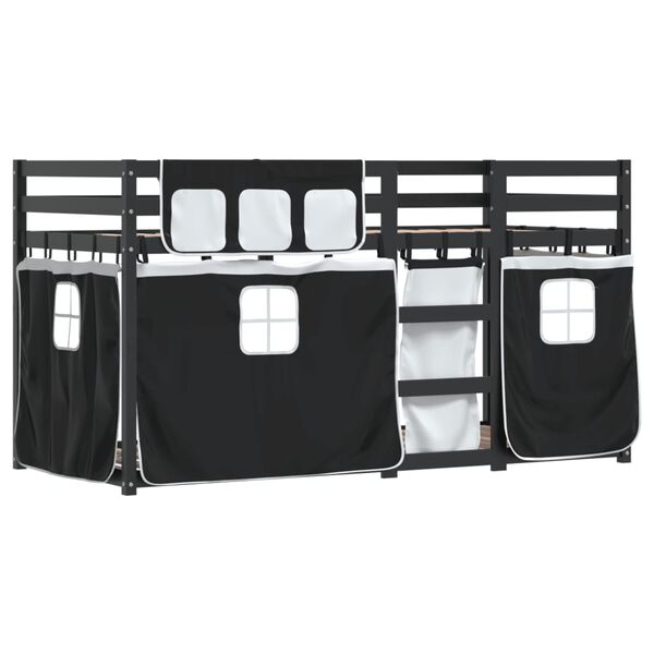 vidaXL fehér/fekete tömör fenyőfa emeletes ágy függönyökkel 90x200 cm