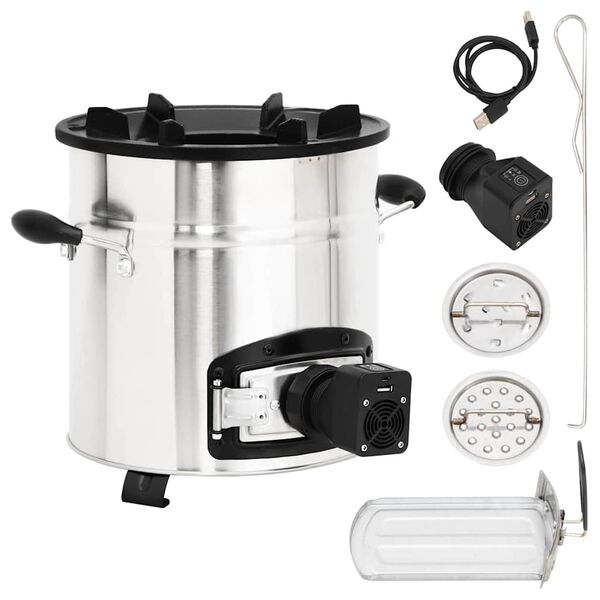 vidaXL ezüst acél fatüzelésű tűzhely USB-s légfúvóval 35,5x26x28 cm