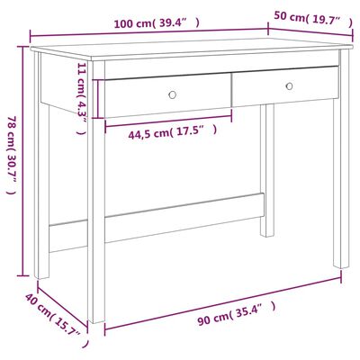 vidaXL fehér tömör fenyőfa íróasztal fiókokkal 100 x 50 x 78 cm
