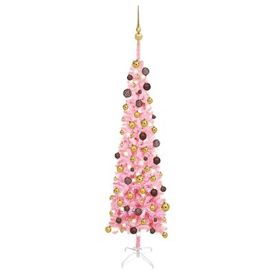 vidaXL rózsaszín vékony karácsonyfa LED-ekkel és gömbszettel 150 cm