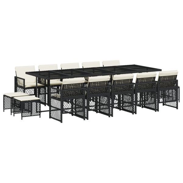 vidaXL 15 r&eacute;szes fekete polyrattan kerti &eacute;tkezőgarnit&uacute;ra p&aacute;rn&aacute;kkal