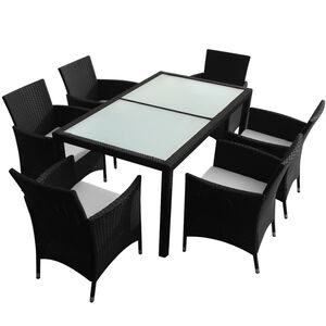 vidaXL 7-r&eacute;szes fekete polyrattan k&uuml;lt&eacute;ri &eacute;tkezőszett p&aacute;rn&aacute;kkal