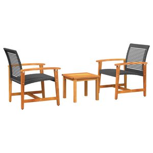 vidaXL 3 r&eacute;szes fekete polyrattan &eacute;s ak&aacute;cfa bisztr&oacute;szett