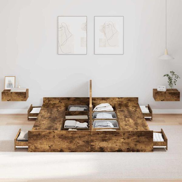 vidaXL Ágykeret tárolóval fiókkal Füstölt tölgy 140 x 190 cm Faanyag
