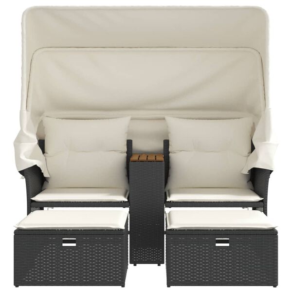 vidaXL 2 szem&eacute;lyes fekete polyrattan kerti kanap&eacute; baldachinnal/sz&eacute;kkel