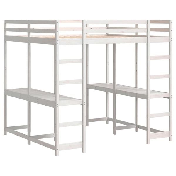 vidaXL fehér tömör fenyőfa galériaágy asztallal és létrával 160x200 cm