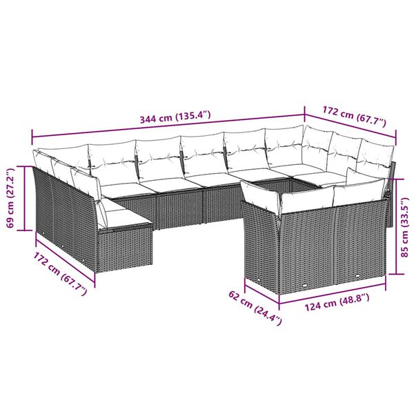 vidaXL 12 r&eacute;szes vil&aacute;gossz&uuml;rke polyrattan kerti &uuml;lőgarnit&uacute;ra p&aacute;rn&aacute;val
