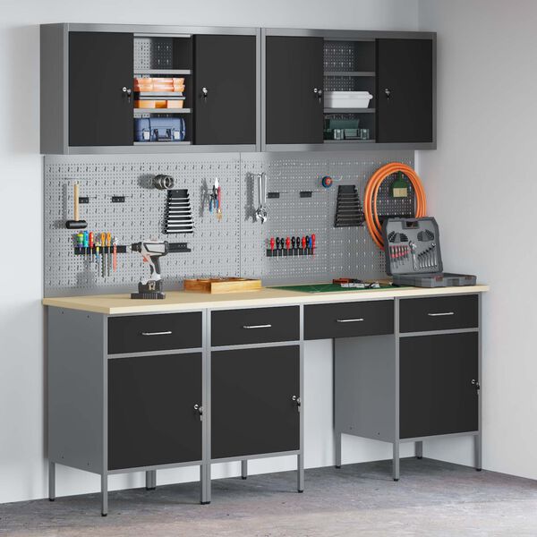 vidaXL Munkaszekr&eacute;ny fi&oacute;kkal z&aacute;rral 10 pcs Fekete Műszaki fa &eacute;s ac&eacute;l