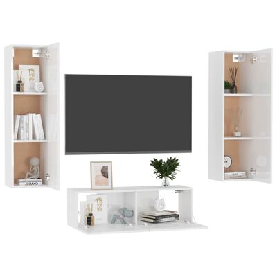 vidaXL 3 részes magasfényű fehér forgácslap TV-szekrényszett