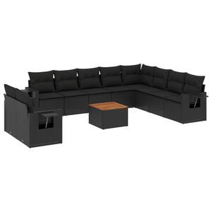 vidaXL 11 r&eacute;szes fekete polyrattan kerti &uuml;lőgarnit&uacute;ra p&aacute;rn&aacute;kkal