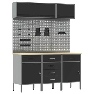 vidaXL Munkaszekr&eacute;ny K&eacute;szlet 8 pcs Fekete Porsz&oacute;rt Ac&eacute;l &eacute;s M&eacute;rn&ouml;ki Fa