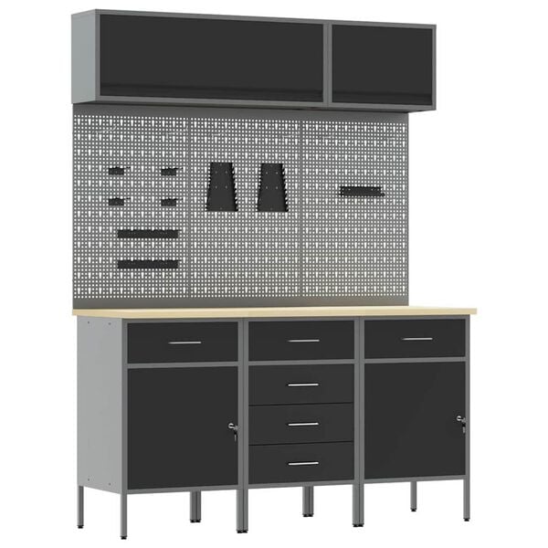 vidaXL Munkaszekr&eacute;ny K&eacute;szlet 8 pcs Fekete Porsz&oacute;rt Ac&eacute;l &eacute;s M&eacute;rn&ouml;ki Fa