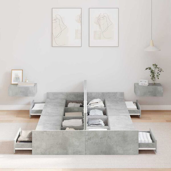 vidaXL Ágykeret tárolóval fiókkal Beton Szürke 120 x 190 cm Faanyag
