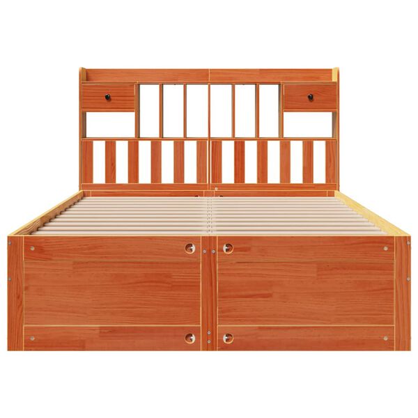 vidaXL barna t&ouml;m&ouml;r fenyőfa k&ouml;nyvespolcos &aacute;gy matrac n&eacute;lk&uuml;l 140 x 200cm