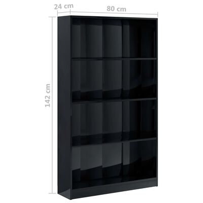 vidaXL 4-szintes fényes fekete forgácslap könyvszekrény 80x24x142 cm