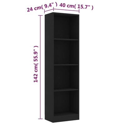 vidaXL 4-szintes fekete forgácslap könyvszekrény 40 x 24 x 142 cm