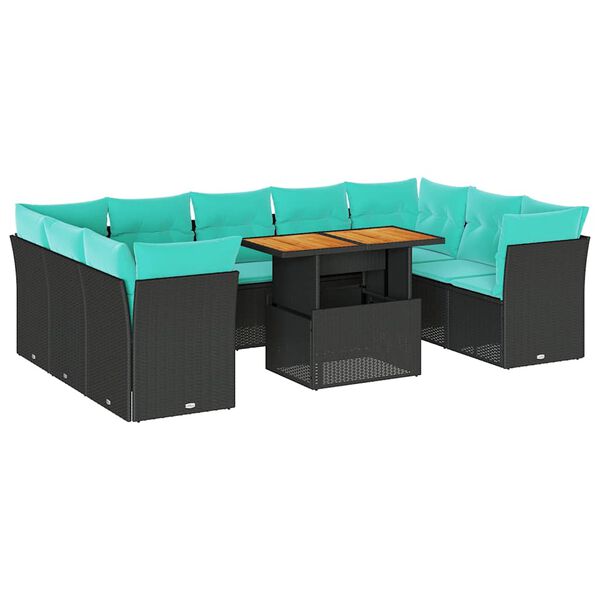 vidaXL 10 r&eacute;szes fekete polyrattan kerti &uuml;lőgarnit&uacute;ra p&aacute;rn&aacute;kkal