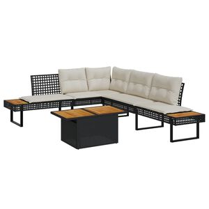 vidaXL 2 r&eacute;szes fekete polyrattan/ak&aacute;cfa kerti kanap&eacute;szett p&aacute;rn&aacute;kkal