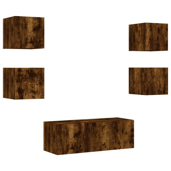 vidaXL 6 darab f&uuml;st&ouml;s t&ouml;lgy sz&iacute;nű szerelt fa TV-b&uacute;tor LED-del