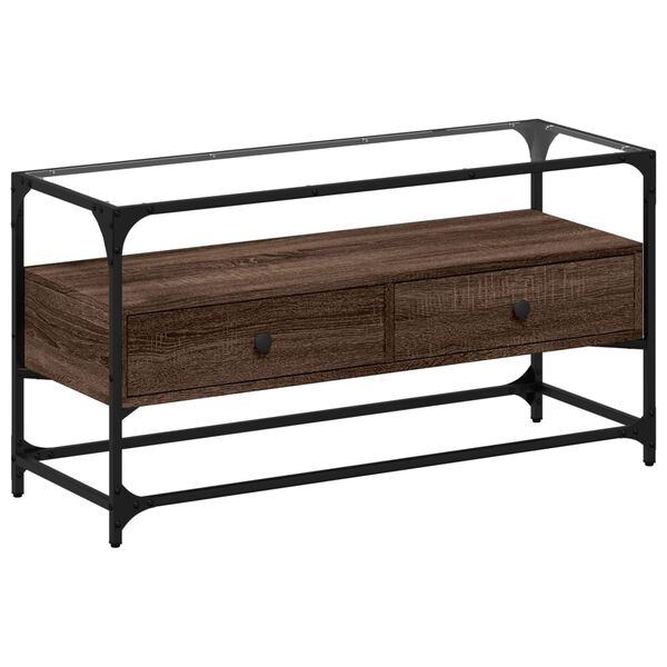 vidaXL barna tölgy színű szerelt fa TV-szekrény üveglappal 98x35x51 cm