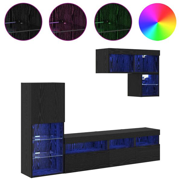 vidaXL TV Fali Egys&eacute;gek LED -es l&aacute;mp&aacute;kkal 6 pcs Fekete t&ouml;lgy Faanyag