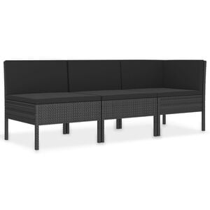 vidaXL 3 r&eacute;szes fekete polyrattan kerti b&uacute;torszett p&aacute;rn&aacute;kkal